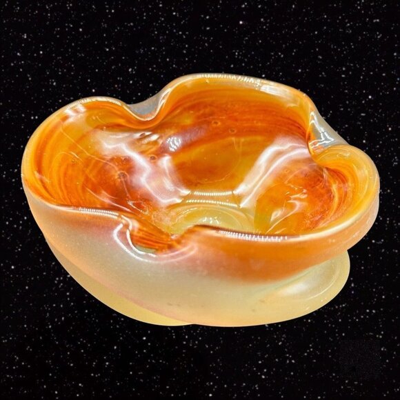 Vintage Czech Bohemian Glass Ashtray 1950s Hand Made Orange Bowl 5”W 2”T - Picture 4 of 16